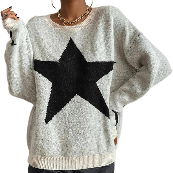 35. Tan & Black Star Print Knit Sweater Women’s Size L - Picture 3 of 5